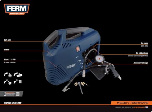 FERM CRM1049 Compressore Portatile 1100W 8 Bar