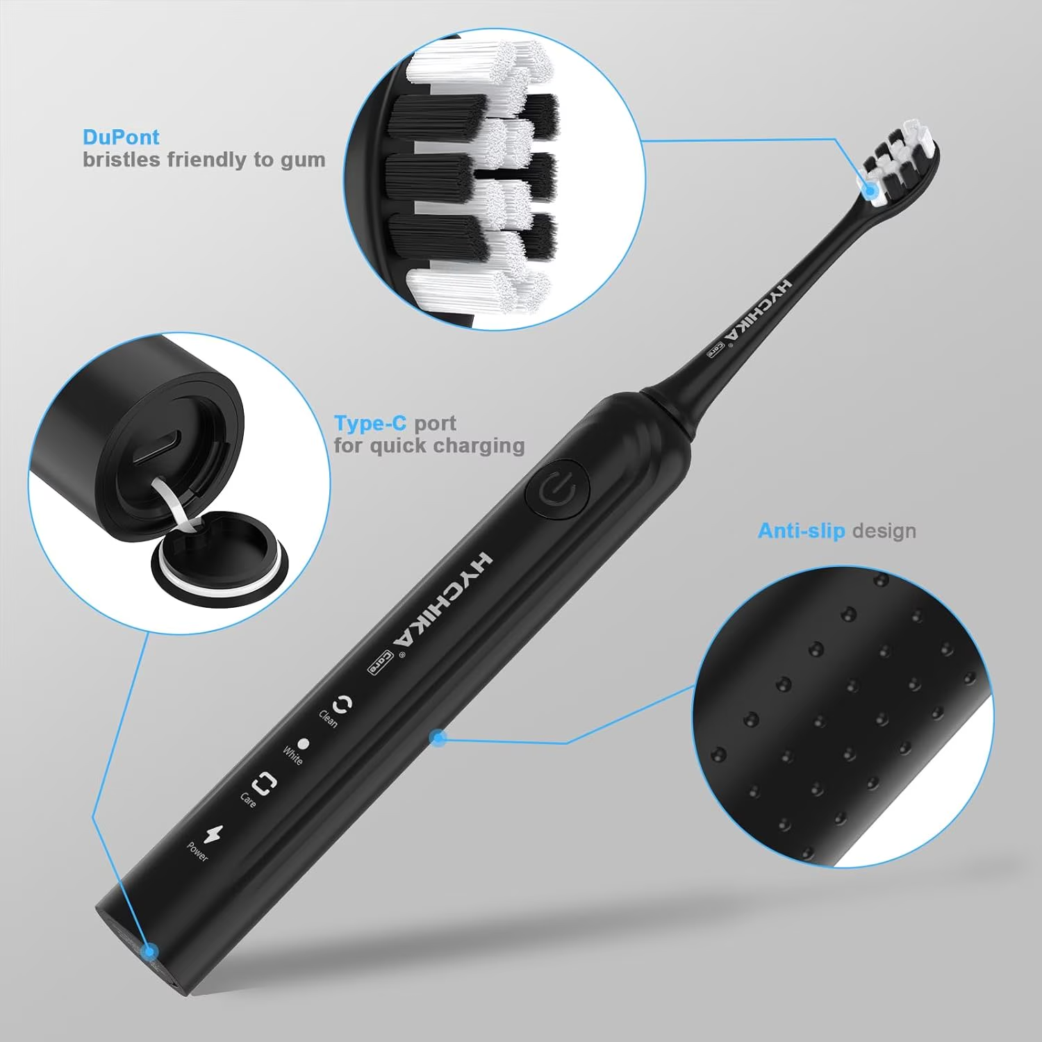 HYCHIKA Spazzolino Elettrico Nero 8 Testine 2500 mAh