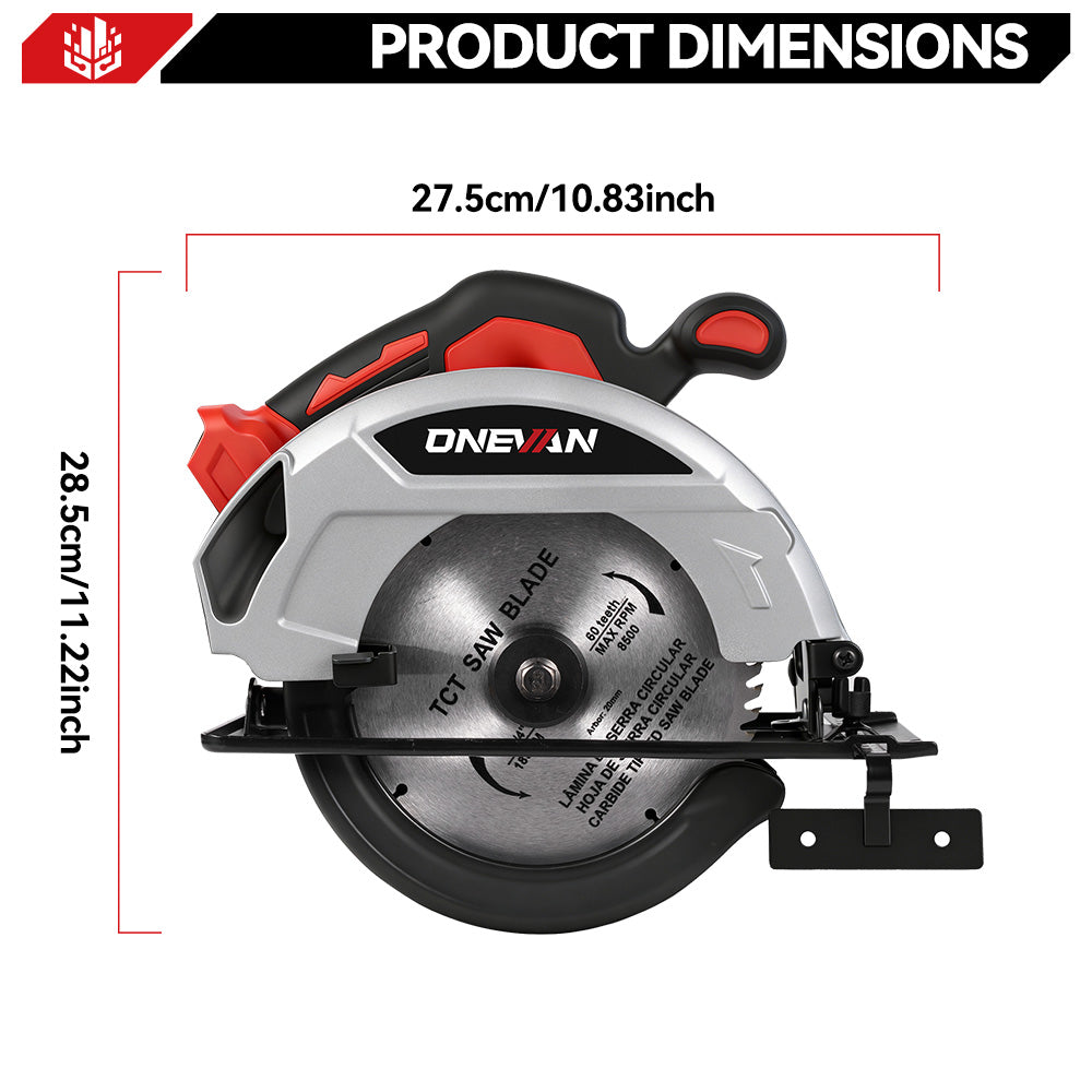 ONEVAN Woodworking Tools sega circolare 185mm 2 batterie 60 denti