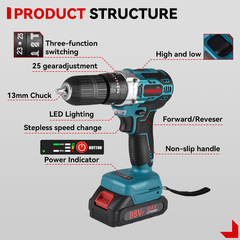 ONEVAN Home Improvement Trapano Avvitatore 54N·m Brushless 13mm 2 Batterie