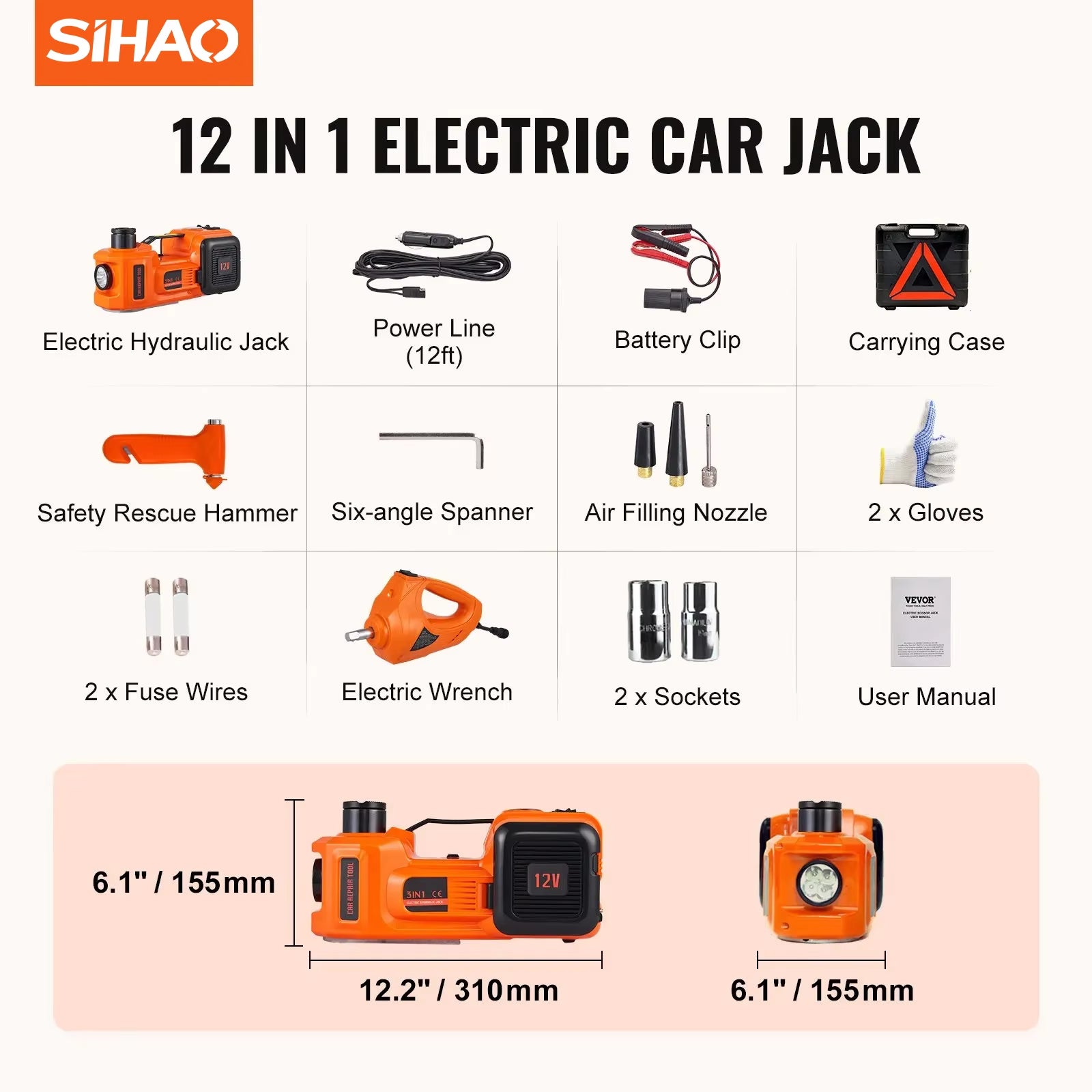 Sihao Kit Cric Auto Elettrico 5T con Chiave e Pompa