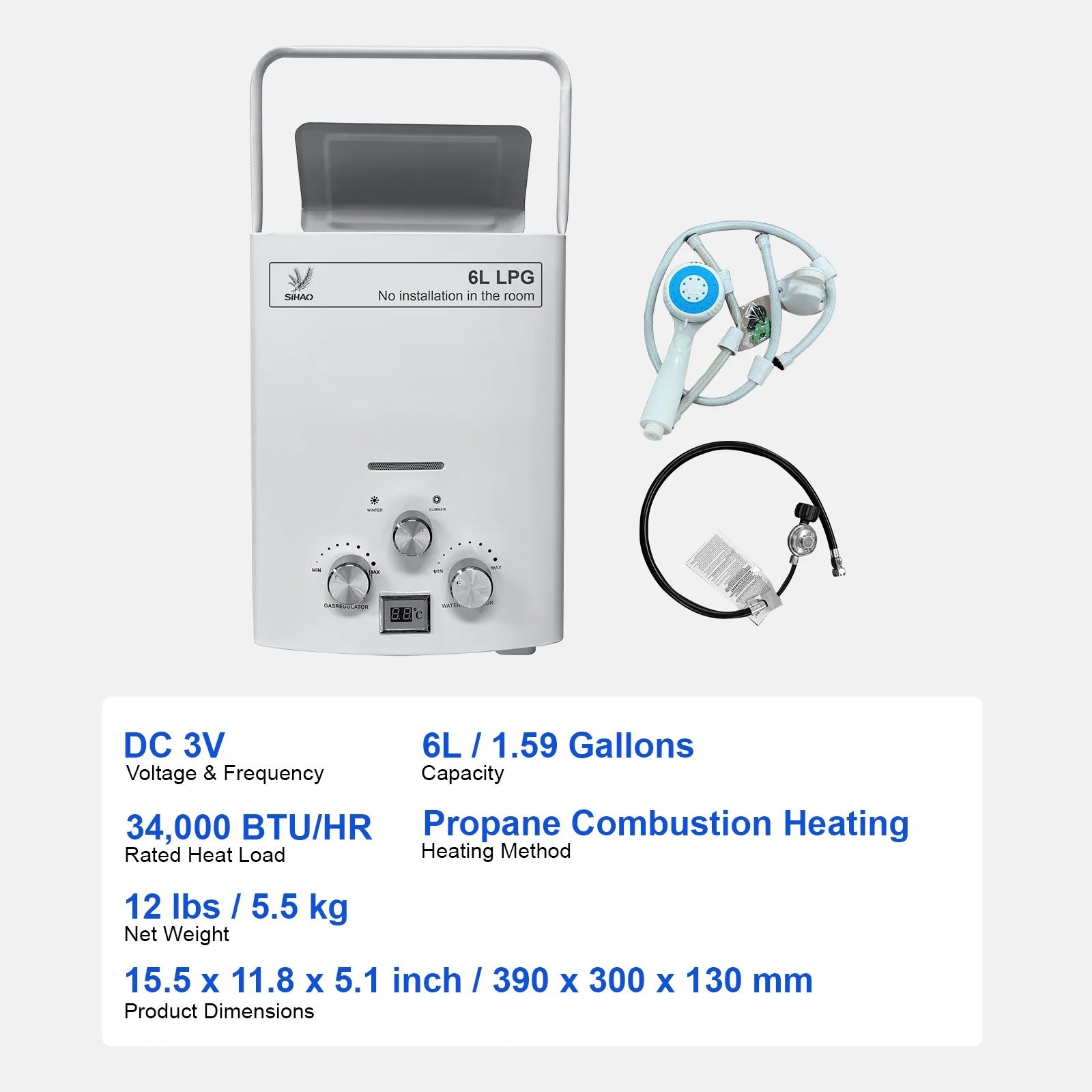 SIHAO Scaldabagno a gas 6L portatile GPL Tipo A display