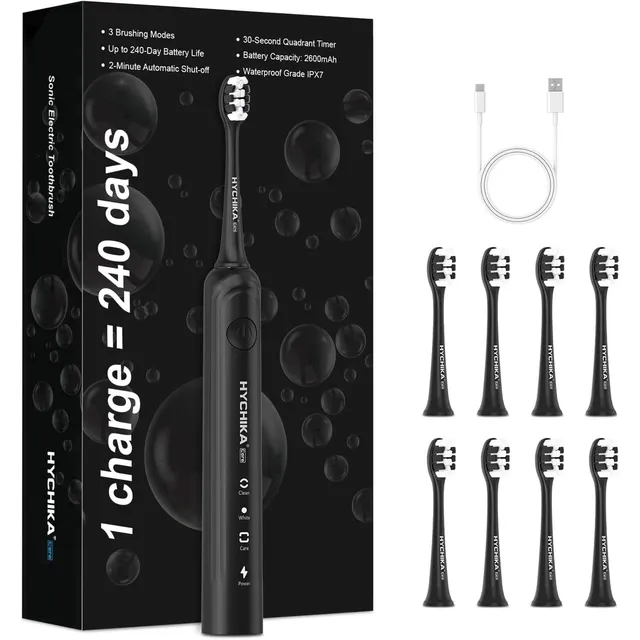 HYCHIKA Spazzolino Elettrico Nero 8 Testine 2500 mAh