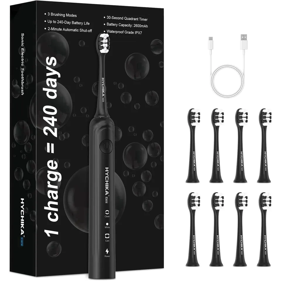 HYCHIKA Spazzolino Elettrico Nero 8 Testine 2500 mAh