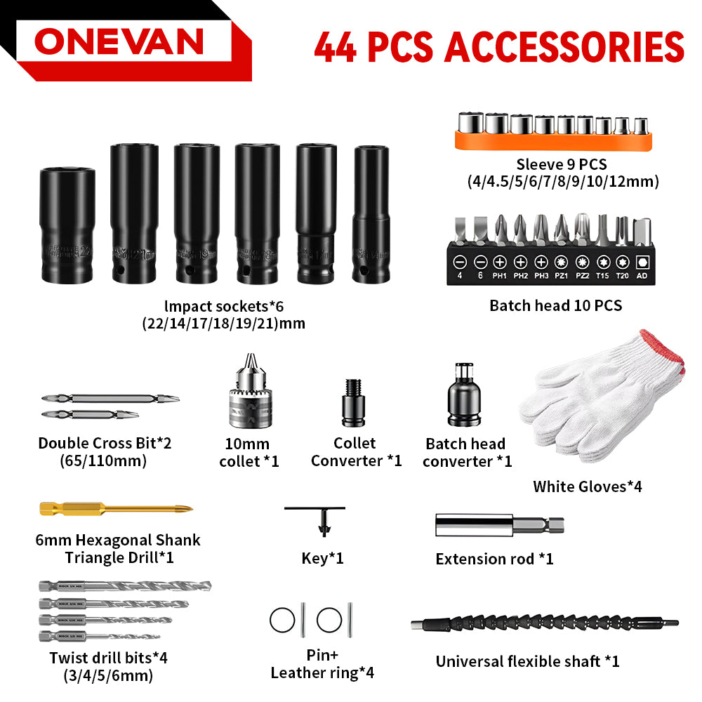 ONEVAN Tool Accessories set bussolotti 1/2 44 pezzi 4-12mm