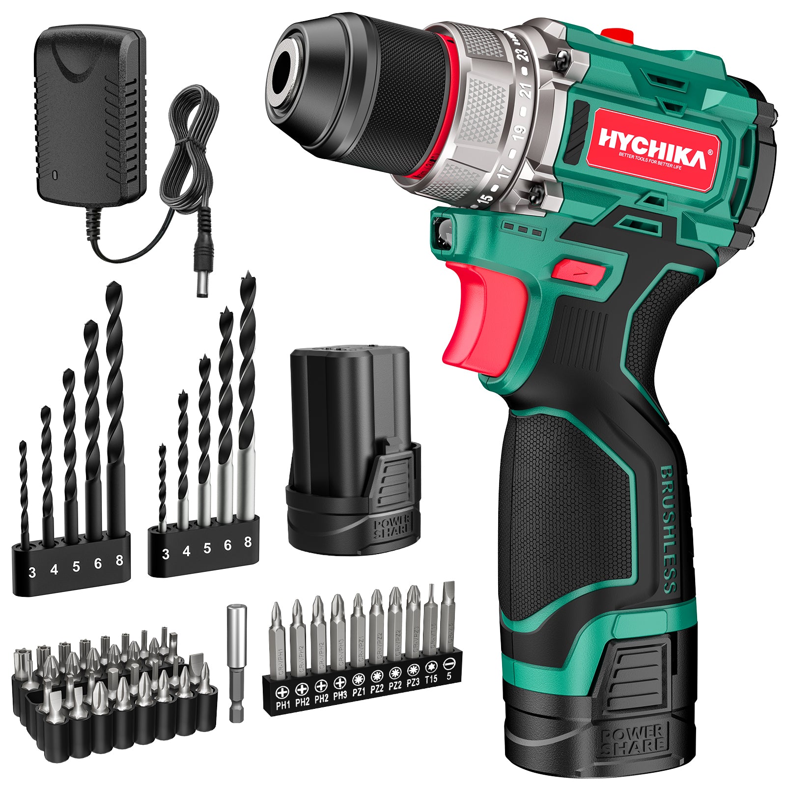 HYCHIKA trapano avvitatore brushless 16,8V 45Nm mandrino 10mm 53pz