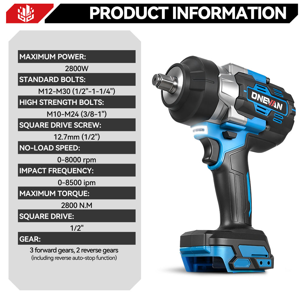 ONEVAN Avvitatore Impulsi 1/2" 2800N·m Brushless Solo Corpo