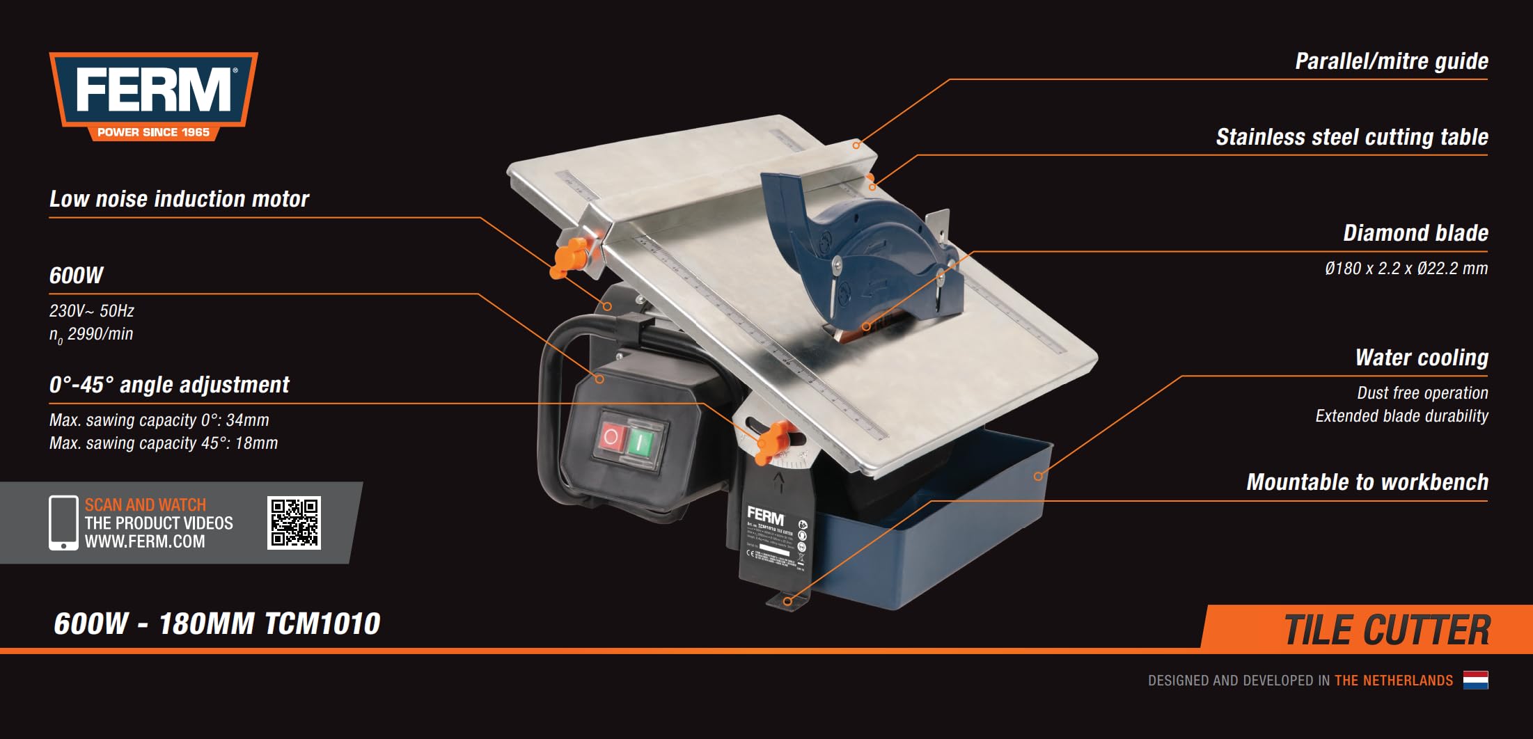 FERM TCM1010 Tagliapiastrelle 600W 180mm ad Acqua