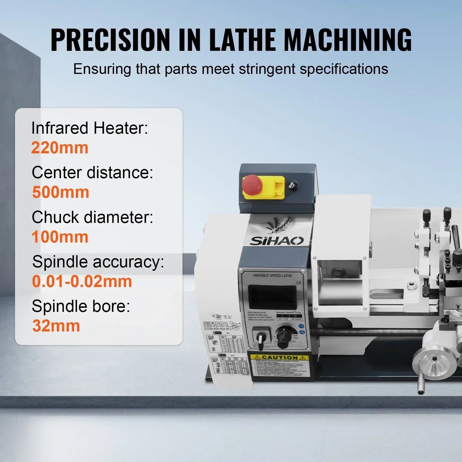 Sihao Lathe 220x500 mm Tornio Metalli 1200W 0-3000 RPM